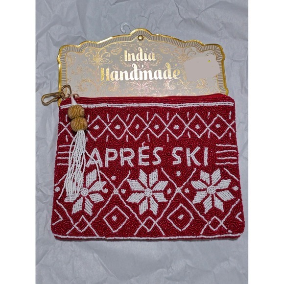 India Handmade Beaded Clutch APRES SKI Red White Tassel Cosmetic Bag NWT - Picture 2 of 4
